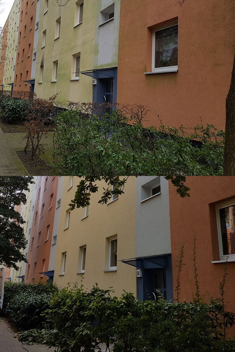 Vorher-Nachher-Bild gereinigte Fassade Berlin / Brandenburg WARDAWAS GmbH