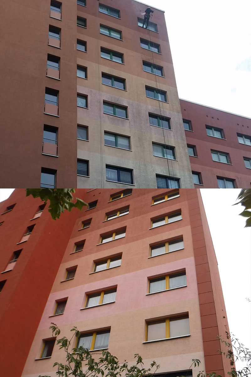 Vorher-Nachher-Bild gereinigte Fassade, strahlende Farben (rot) durch WARDAWAS GmbH