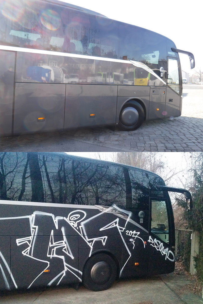 Vorher-Nachher-Bild von Graffiti an Reisebus und gesäuberter Oberfläche von WARDAWAS gmbH