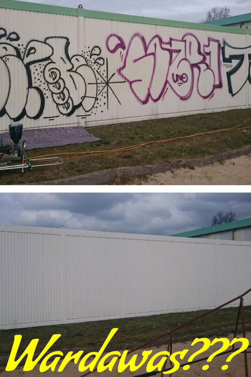 Vorher-Nachher-Bild von Graffiti-Beschmierung an Baucontainer und sauberer Oberfläche von WARDAWAS Potsdam