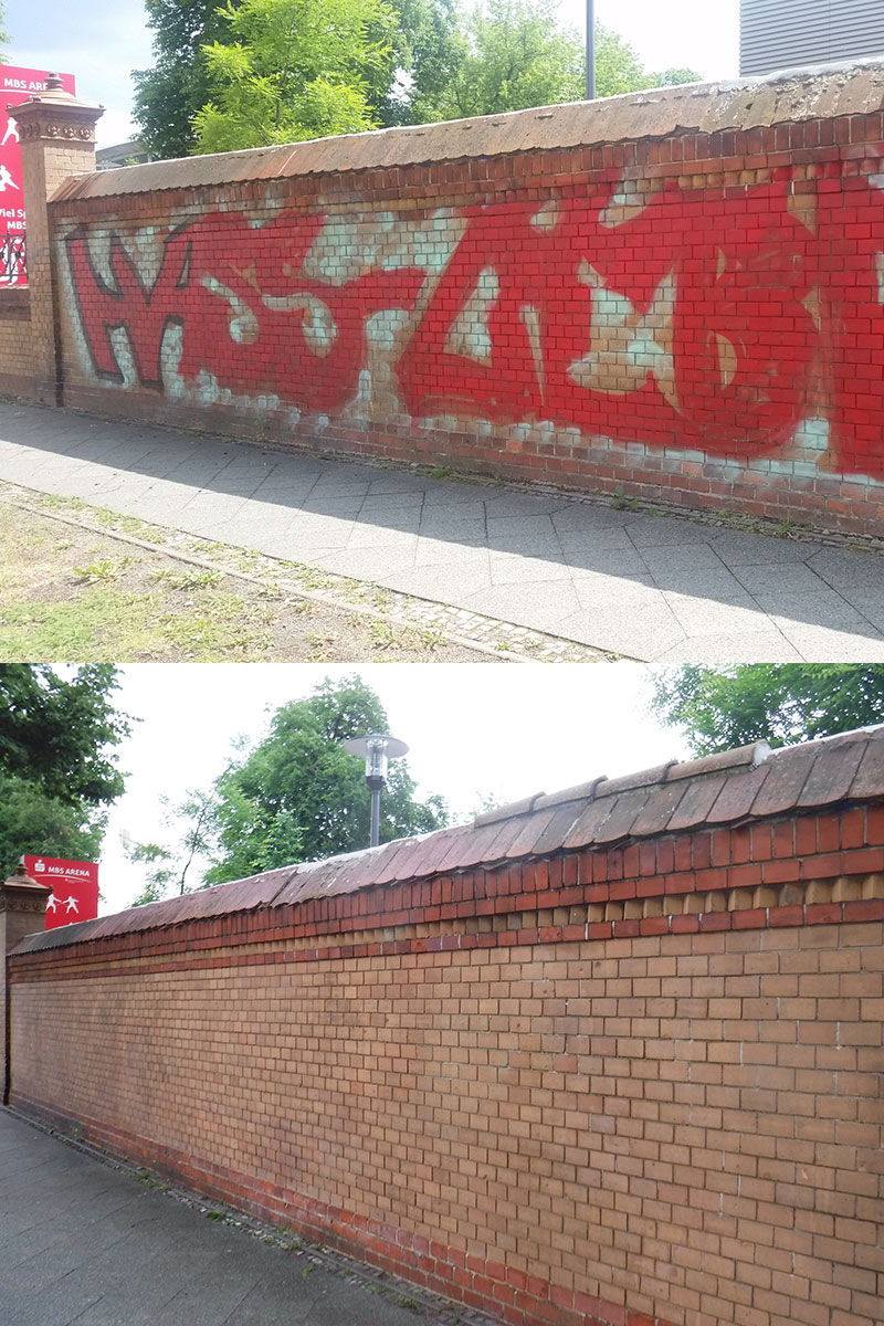 Vorher-Nachher-Bild von mit Graffiti beschmierter Backsteinwand und danach sauberer Oberfläche nach Reinigung durch WARDAWAS GmbH