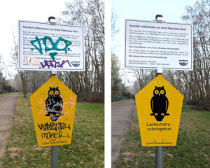 Das Bild zeigt einen vorher-nachher Vergleich eines "Landschaftsschutzgebiet" - Schildes vom Potsdam Groß Glienicker See, das auf der linken Seite stark von Graffiti Tags verunreinigt ist und auf der rechten Seite wie es von WARDAWAS gereinigt wurde und wieder aussieht wie neu.