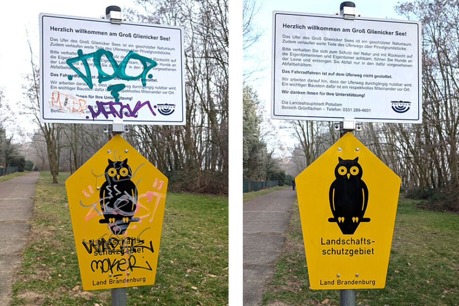Das Bild zeigt einen vorher-nachher Vergleich eines "Landschaftsschutzgebiet" - Schildes vom Potsdam Groß Glienicker See, das auf der linken Seite stark von Graffiti Tags verunreinigt ist und auf der rechten Seite wie es von WARDAWAS gereinigt wurde und wieder aussieht wie neu.