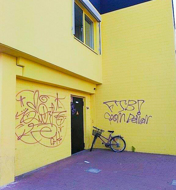 Das Bild zeigt die mit Graffitis beschmierte Fassade am toom Baumarkt in Neubrandenburg