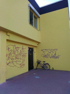 Das Bild zeigt die mit Graffitis beschmierte Fassade am toom Baumarkt in Neubrandenburg