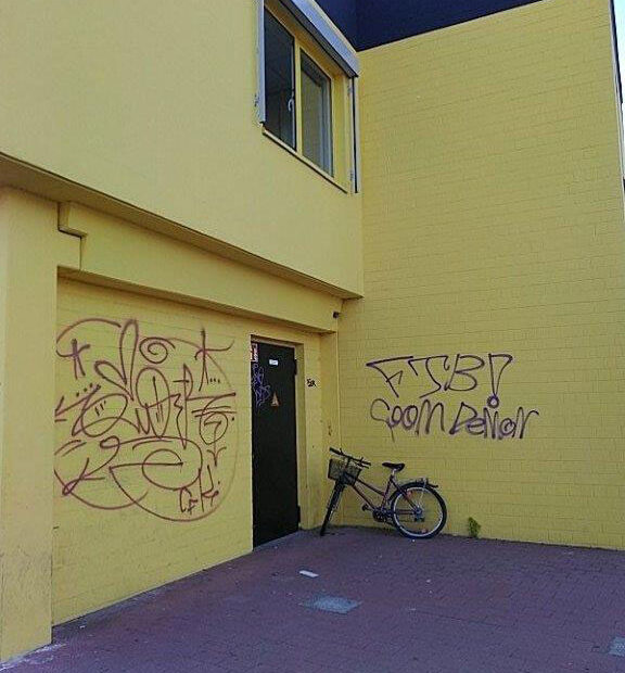 Das Bild zeigt die mit Graffitis beschmierte Fassade am toom Baumarkt in Neubrandenburg