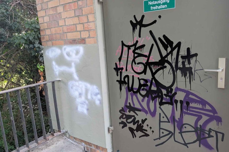 Das Foto zeigt eine mit Grafittis beschmierte Tür an der Bühne der Freundschaftsinsel Potsdam, vor der Graffitientfernung durch WarDaWas