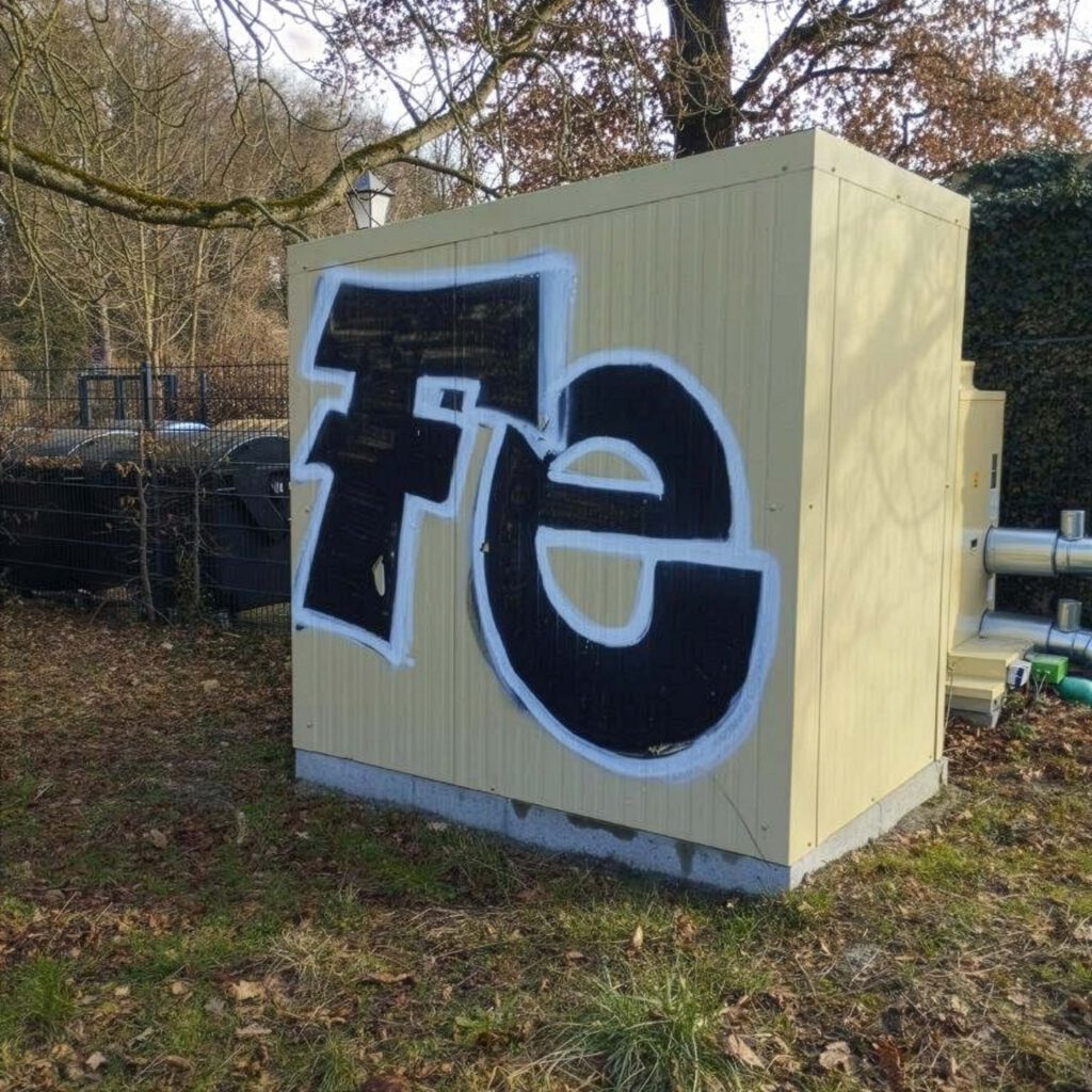Das Bild zeigt einen mit Graffiti beschmierten Verteilerkasten und bebildert den Beitrag 'Von Tags bis Taubenkot: Ein Jahrzehnt Reinigungseinsätze für die Universität Potsdam' der Firma WarDaWas.