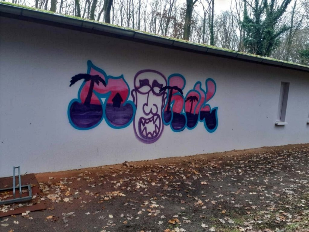 Das Bild zeigt eine mit Graffiti beschmierte Wand und bebildert den Beitrag 'Von Tags bis Taubenkot: Ein Jahrzehnt Reinigungseinsätze für die Universität Potsdam' der Firma WarDaWas.